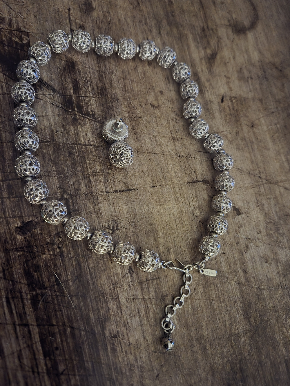 Monet Silver Filigree Bead Necklace and Stud Earrings Set - Silver